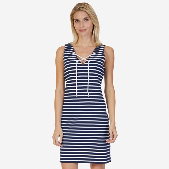 Nautica Lace-Up Striped Sleeveless Shift Dress Navy Blue Nautical Cotton - Picture 1 of 9